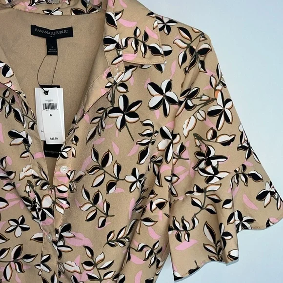 Banana Republic Tan Printed Ruffle Sleeve Shirt Dress Size 6 NWT - Picture 8 of 14